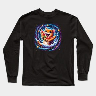 Funny Orange Cat eating Pizza in Space Long Sleeve T-Shirt